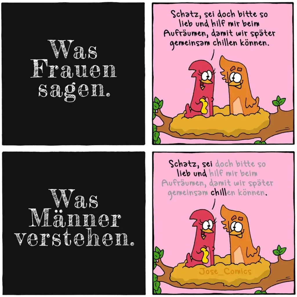 Zwei Vögel sitzen auf einem Ast. Der rote Vogel bittet den orangenen um Hilfe beim Aufräumen, damit sie später zusammen chillen können. Im unteren Panel ändert sich die Bitte zu 'sei doch bitte so lieb und hilf mir beim Aufräumen, damit wir später gemeinsam chillen können' — die gleiche Szene mit leicht verändertem Text.