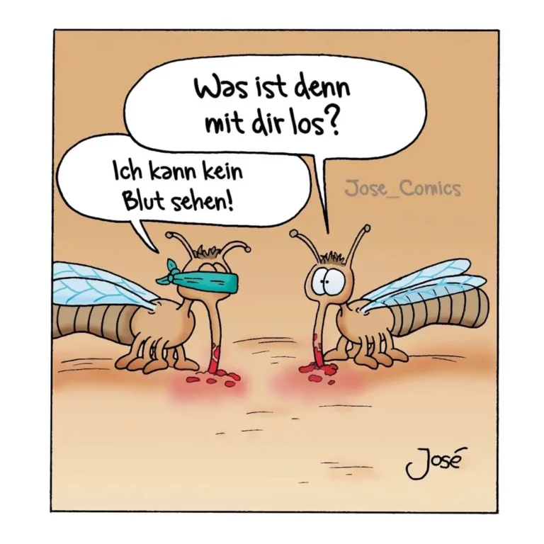 Zwei Ameisen mit verbundenen Augen stehen sich gegenüber, unter ihnen rote Flüssigkeit. Eine sagt: «Ich kann kein Blut sehen!»