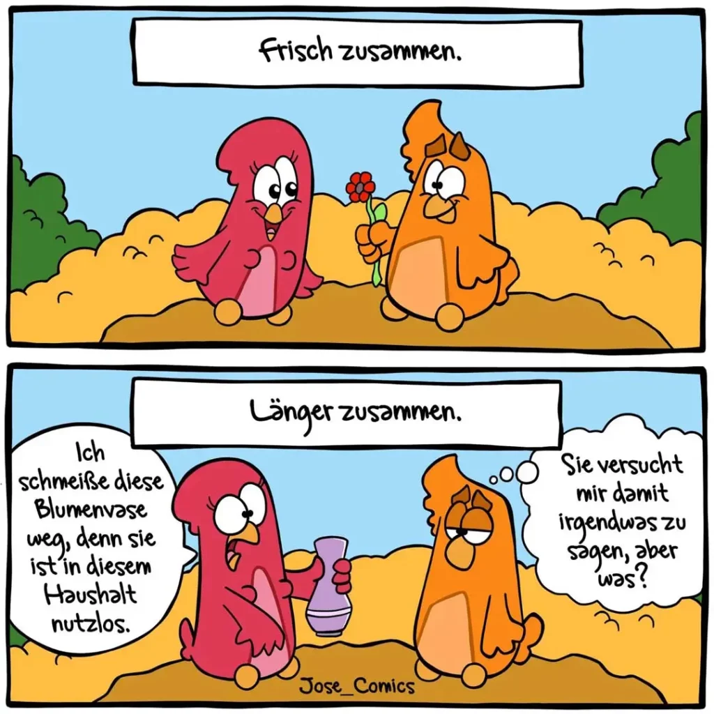 Zwei anthropomorphe Vögel: Rote Figur schenkt orangem Vogel Blumen. Zweites Panel: Rote Figur hält Blumenvase, oranger Vogel schaut verwirrt.