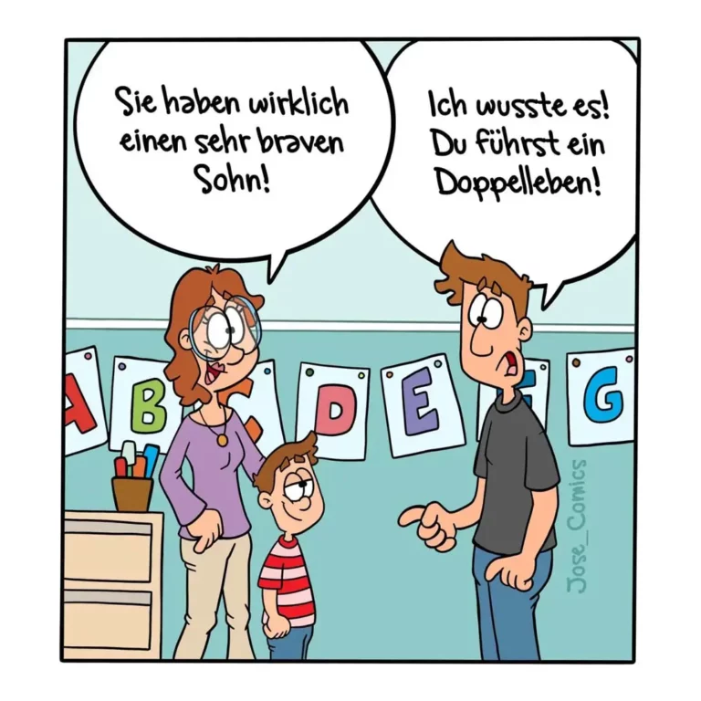 Frau mit Sohn in Kindergarten, Mann schaut überrascht und sagt «Du führst ein Doppelleben»