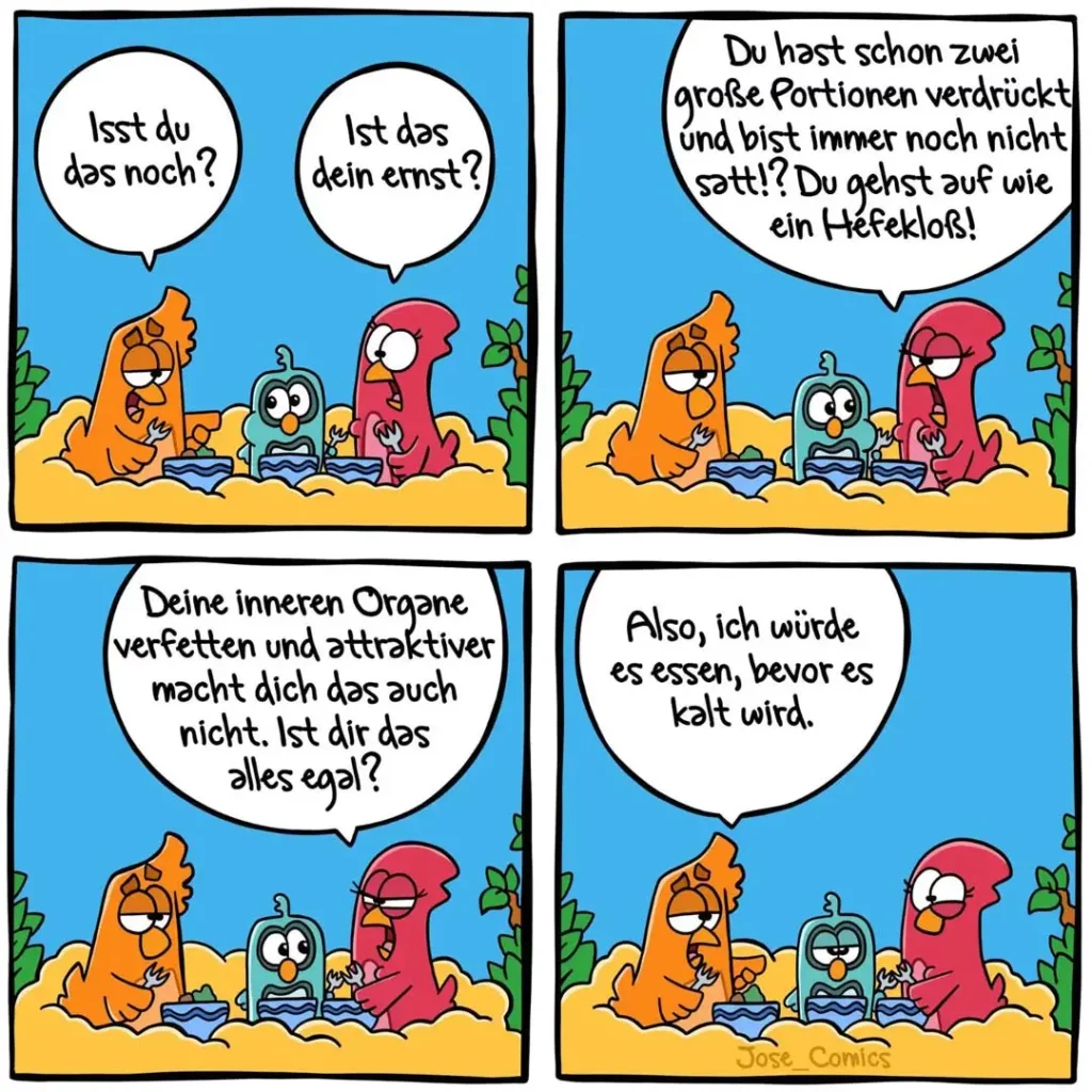 Vier bunte Meerestiere am Strand: Orange Seestern fragt blauen Oktopus, ob er noch isst. Roter Seestern kritisiert dessen Essverhalten, wird dann mit praktischem Rat konfrontiert.