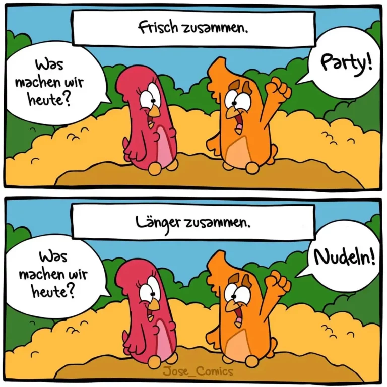 Zwei Hunde im Cartoon: oben «Frisch zusammen» mit roten und orangen Hund die «Party!» rufen, unten «Länger zusammen» mit denselben Hunden, die nun «Nudeln!» sagen