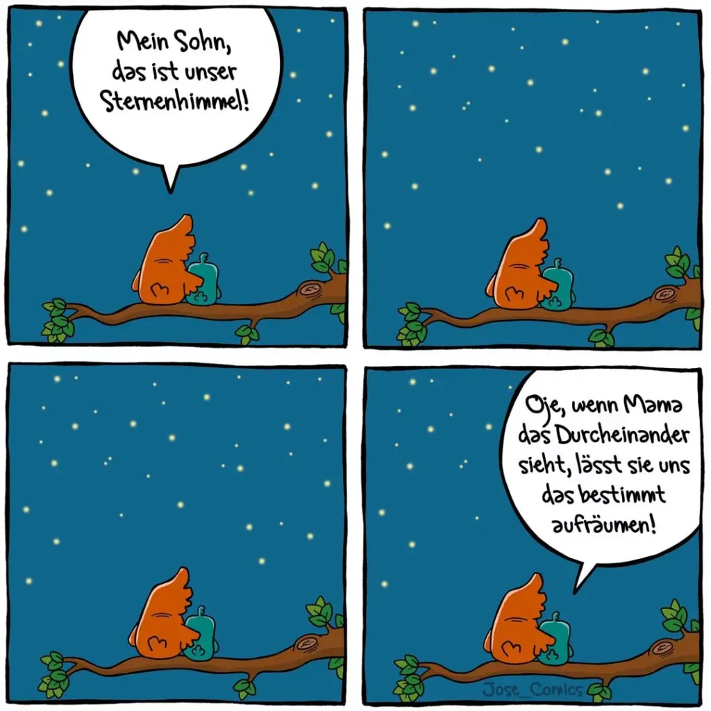 Eichhörnchen zeigt kleinem Kind Sternenhimmel, im letzten Panel verdreht das Kind die Augen und antwortet trocken