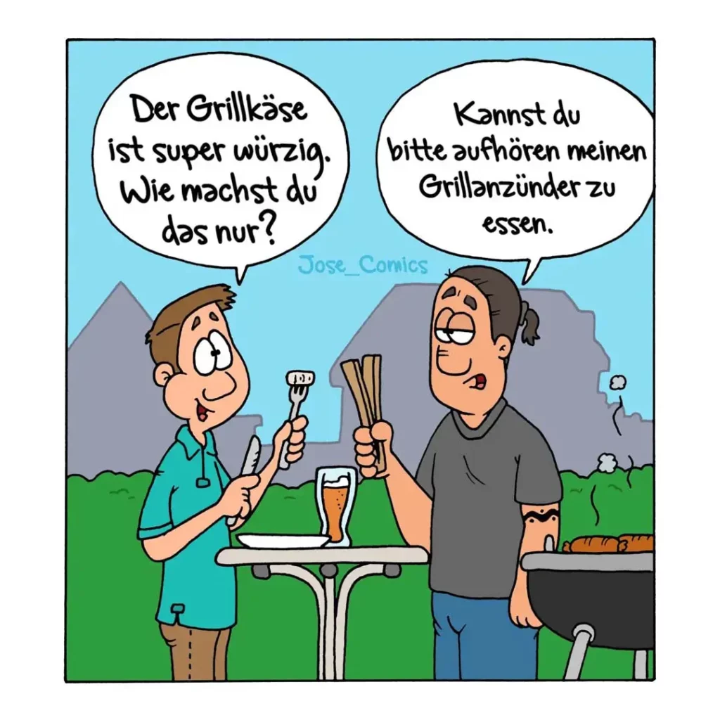 Zwei Männer beim Grillen: Einer hält Grillzange und Messer, der andere trägt ein Tablett mit Grillanzündern. Sprechblasen zeigen einen Dialog über Grillkäse.