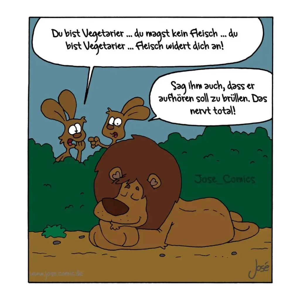 Brauner Löwe liegt entspannt am Boden, zwei kleine Hasen schauen besorgt auf ihn herab