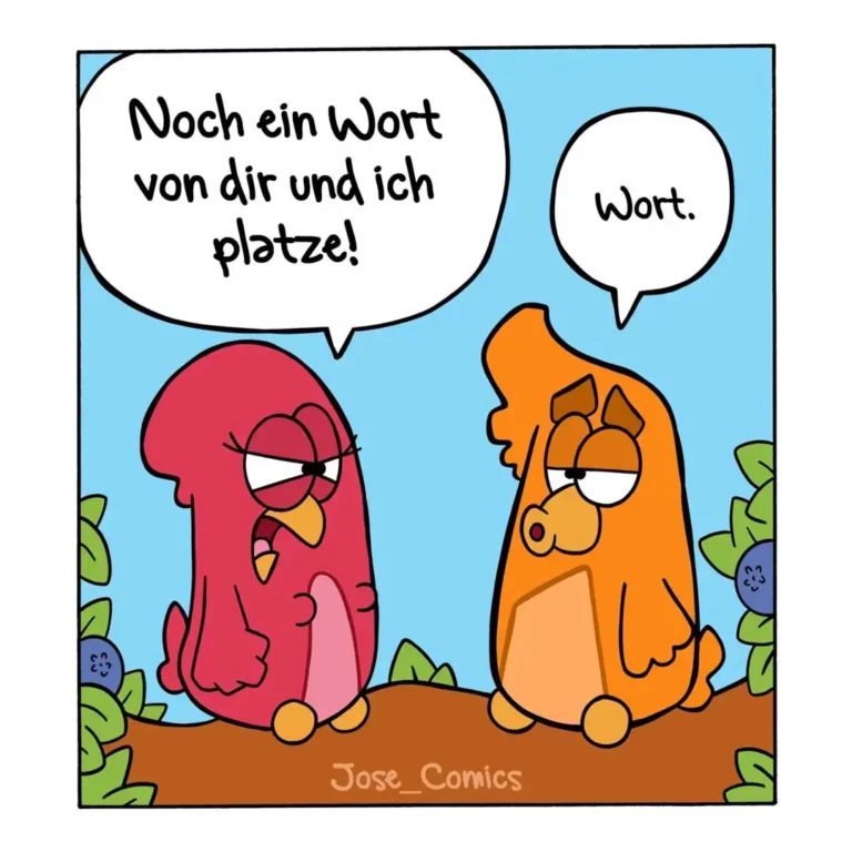 Zwei bunte Vogelcharaktere sitzen sich gegenüber; der rote Vogel spricht lebhaft, der orange antwortet lakonisch mit «Wort.»