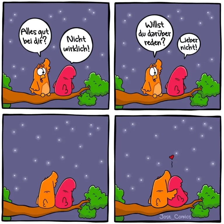 Zwei bunte Vögel sitzen auf einem Ast unter Sternenblimmel. Der orange Vogel fragt den roten, ob alles gut ist. Nach einer Ablehnung fragt er, ob der rote Vogel darüber reden will. Im letzten Panel umarmen sie sich mit einem roten Herz.