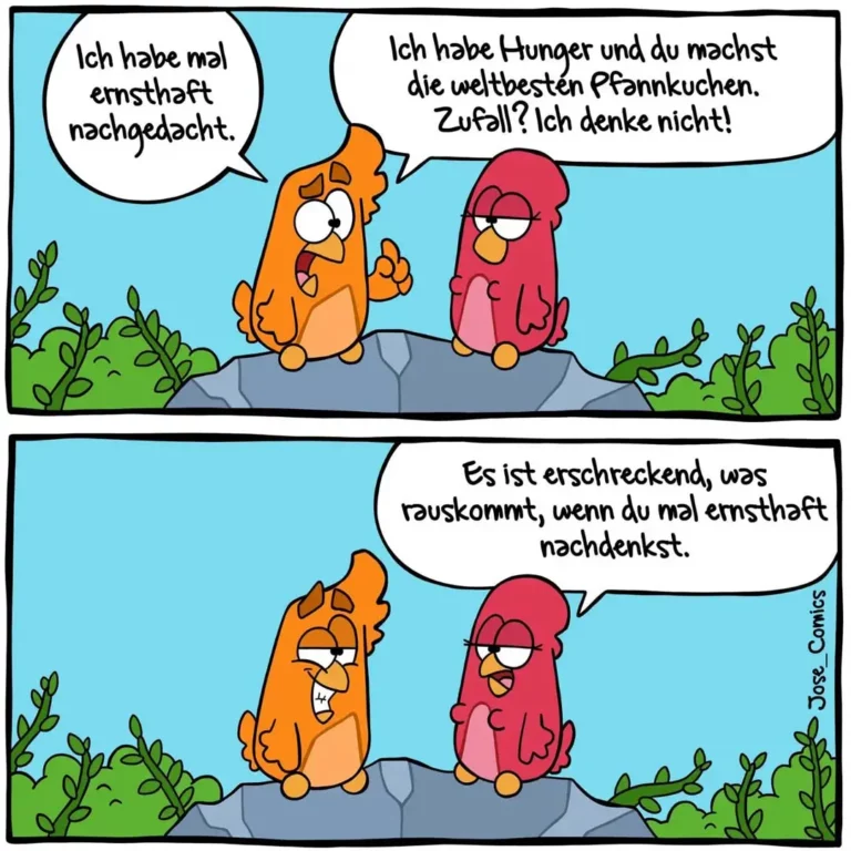 Zwei bunte Vogelcharaktere sitzen auf einem Stein. Der orange Vogel wirkt hungrig, der rote Vogel bietet Pfannkuchen an, der orange lehnt ab.
