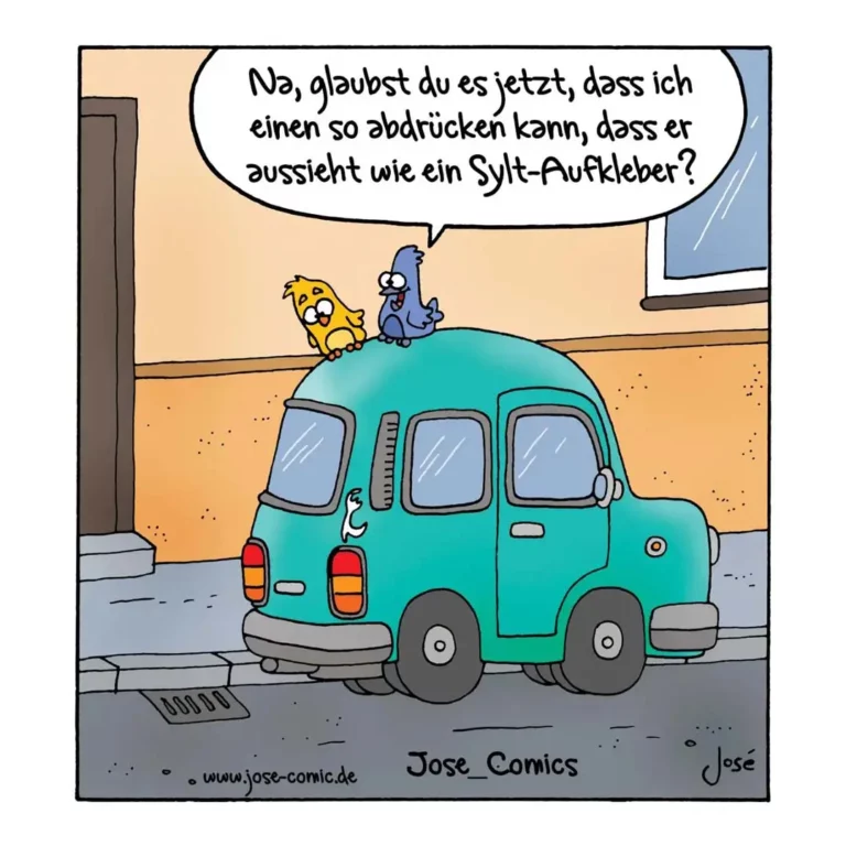 Zwei Vögel sitzen auf einem zerquetschten türkisen Auto, einer spricht in eine Sprechblase