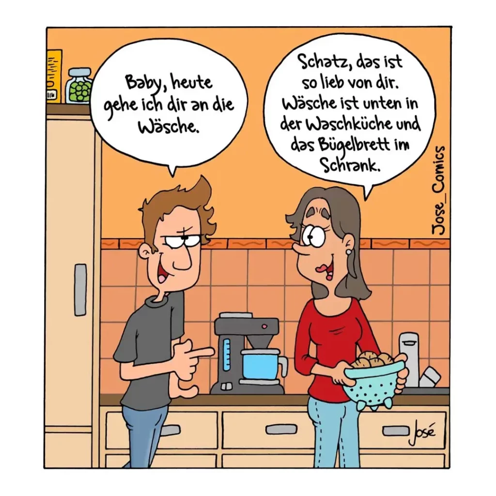 Mann und Frau in der Küche, Mann deutet auf Kaffeemaschine und sagt etwas zu Frau mit Sieb in der Hand