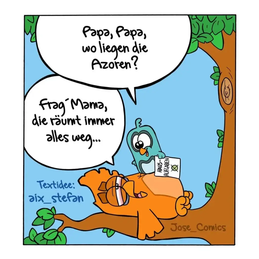 Vogel sitzt auf Ast und hält Brief mit 'Papa ist weg'-Nachricht, Kind fragt von unten 'Papa, wo liegen die Azoren?'