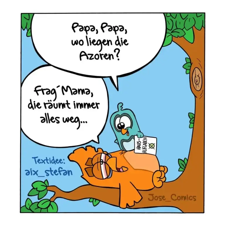 Vogel sitzt auf Ast und hält Brief mit 'Papa ist weg'-Nachricht, Kind fragt von unten 'Papa, wo liegen die Azoren?'