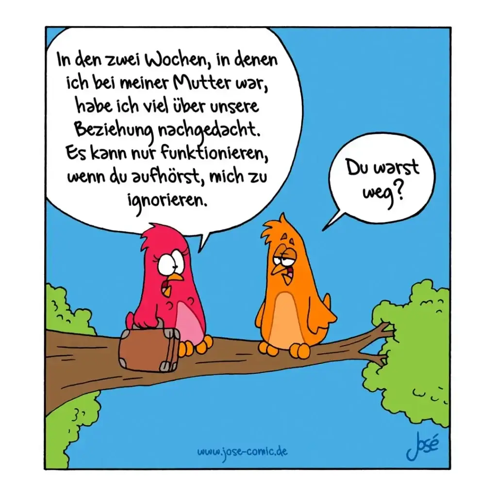 Roter Vogel mit Koffer sitzt auf Ast und spricht zu orangegelbem Vogel: «Du warst weg?»