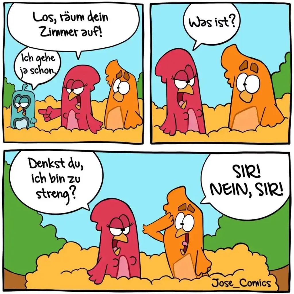 Zwei anthropomorphe Hunde im Sand: der rote Hund fordert den orangenen auf, sein Zimmer aufzuräumen. Im dritten Panel lehnt der orange Hund ab.