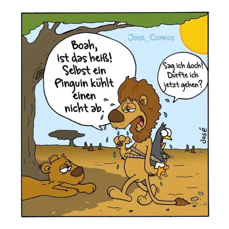 Löwe in der Savanne hält einen Pinguin und sagt zu einem anderen Löwen: «Boah, ist das heiss! Selbst ein Pinguin kühlt einen nicht ab.»