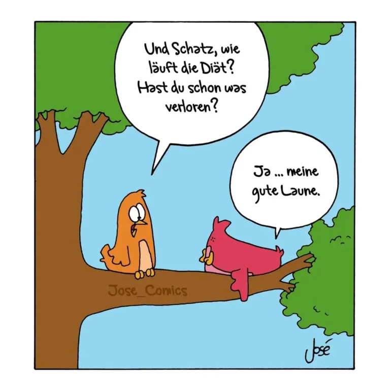 Orangefarbener Hund sitzt auf einem Ast neben einem rosa Vogel. Der Vogel antwortet auf die Frage des Hundes nach einer Diät.