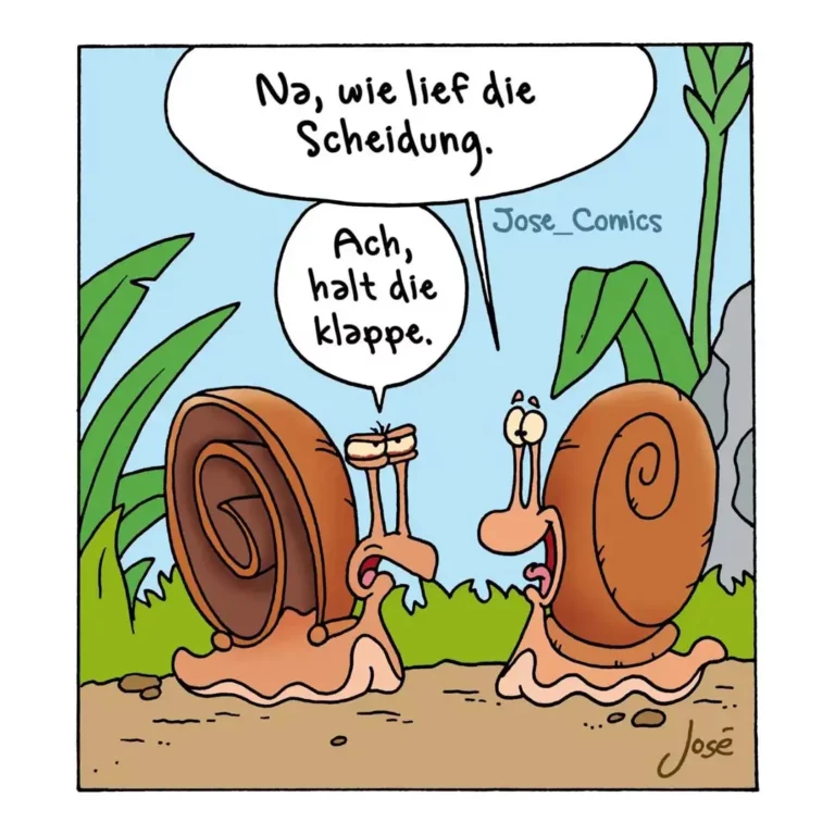 Zwei Schnecken unterhalten sich, eine hält eine Klappe in der Hand. Spruchblase: 'Na, wie lief die Scheidung. Ach, halt die klappe.'