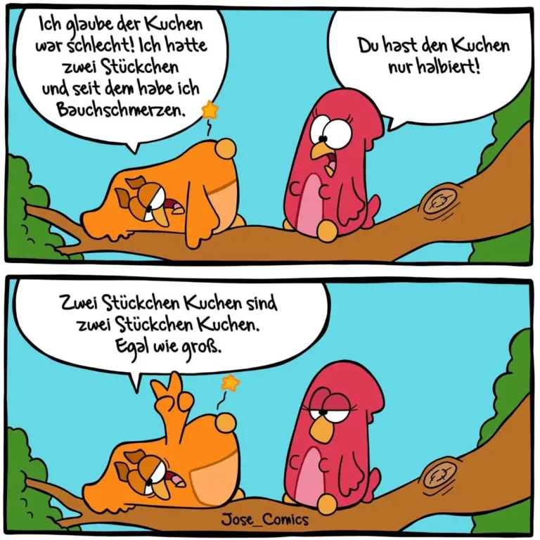 Orangener Hund beschwert sich bei rotem Vogel über schlechten Kuchen und Bauchschmerzen, Vogel antwortet trocken: du hast ihn nur halbiert