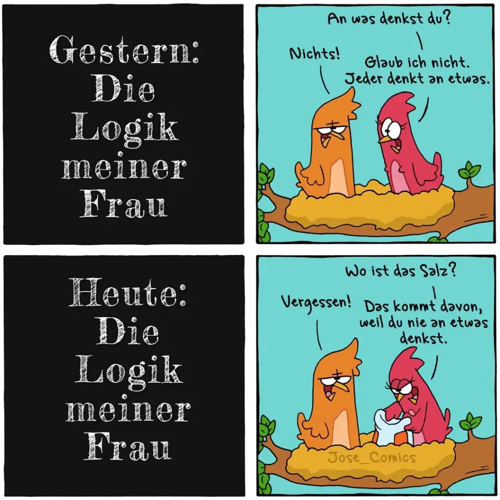 Zwei bunte Vögel sitzen auf einem Ast. Der orange Vogel fragt den roten: «Woran denkst du?» Der rote antwortet: «Nichts! Glaub ich nicht. Jeder denkt an etwas.»