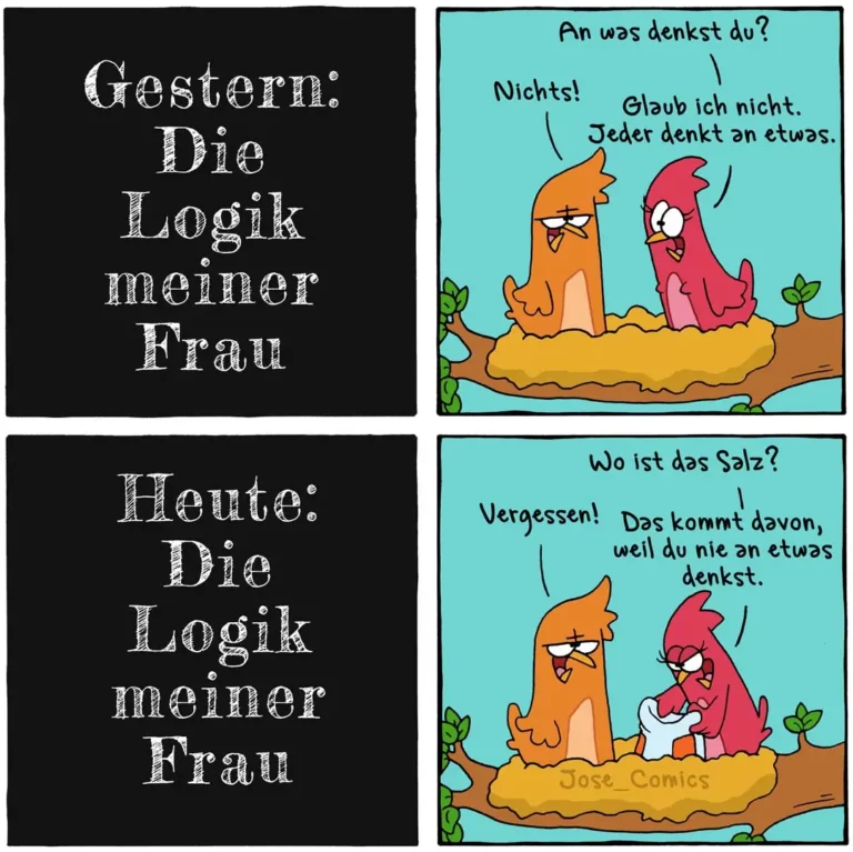Zwei bunte Vögel sitzen auf einem Ast. Der orange Vogel fragt den roten: «Woran denkst du?» Der rote antwortet: «Nichts! Glaub ich nicht. Jeder denkt an etwas.»