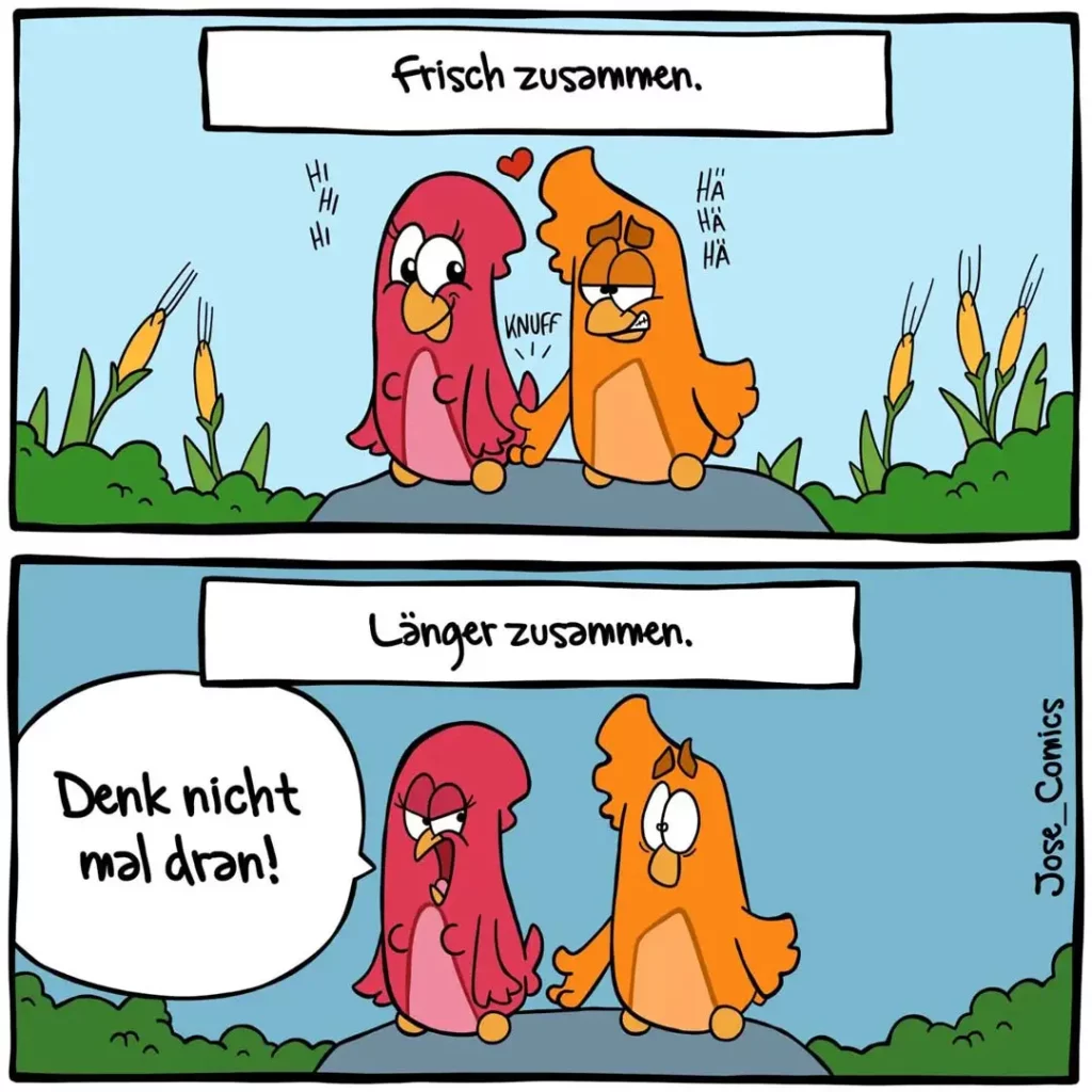 Zwei anthropomorphe Vögel (rot und orange) in zwei Szenen: oben verliebt zusammen mit Herzchen, unten der rote Vogel sagt genervt zum orange Vogel 'Denk nicht mal dran!'