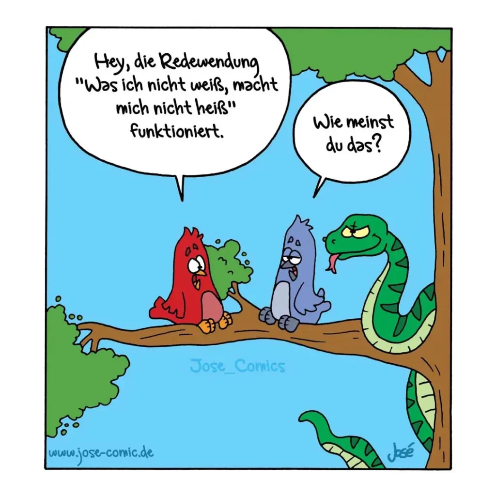 Drei Tiere sitzen auf einem Ast über Wasser: Ein rotes Tier, ein blaues Tier und eine grüne Schlange. Das rote Tier spricht zu den anderen.