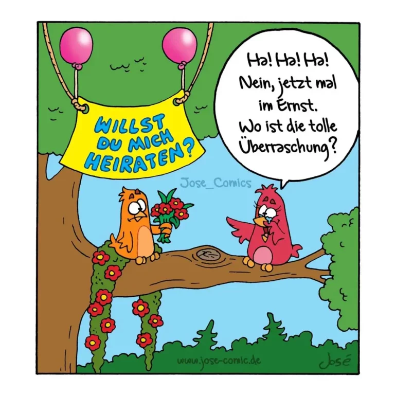 Orangener Vogel hält Blumenstrauss und fragt eine rote Figur unter einer Schaukel, ob sie ihn heiraten will