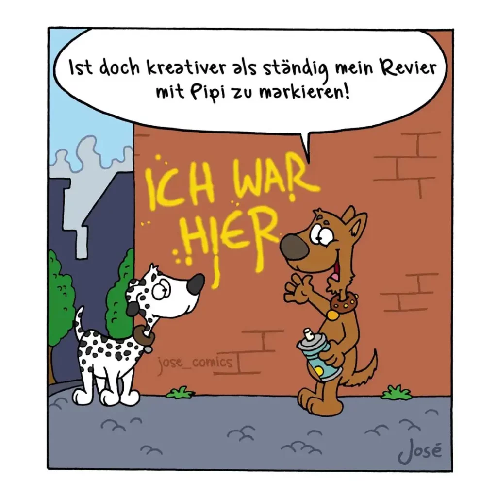 Weisser Hund mit schwarzen Flecken schaut zu braunem Hund, der mit gelber Farbe 'ICH WAR HIER' an Mauer sprüht