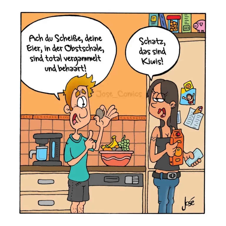 Mann in Küche hält Eier hoch und beschwert sich, Frau antwortet lachend mit Orangensaft in der Hand