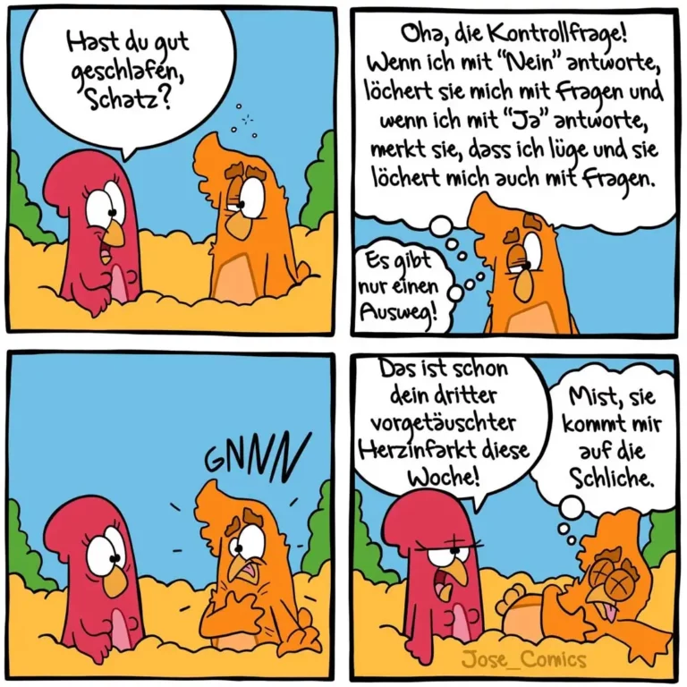 Zwei bunte Vögel im Dialog: roter Vogel fragt orange Vogel, ob er gut geschlafen hat. Orange Vogel erklärt seine Strategie bei Kontrollfragen.