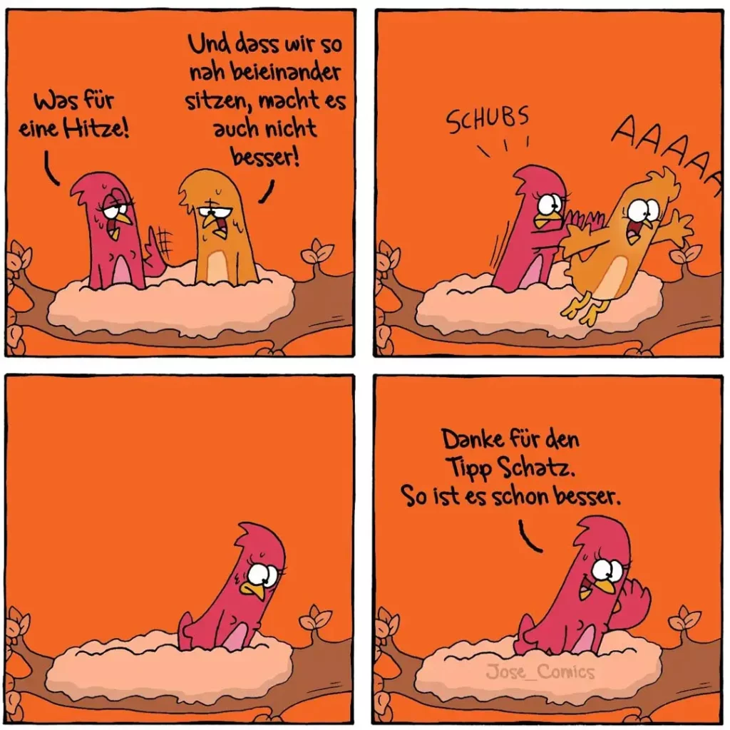 Zwei Hunde sitzen nebeneinander auf einer Wolke. Der magenta Hund beschwert sich, der orange Hund gibt ihm einen Tipp – im letzten Panel sitzt der magenta Hund allein und wirkt zufrieden.