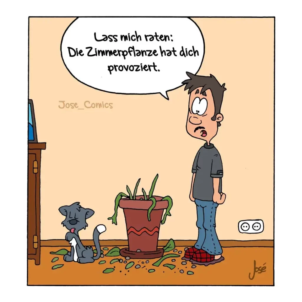 Hund sitzt neben zerstörtem Blumentopf mit Erde und Blättern verstreut, Halter steht wütend daneben und sagt: 'Lass mich raten: Die Zimmerpflanze hat dich provoziert'