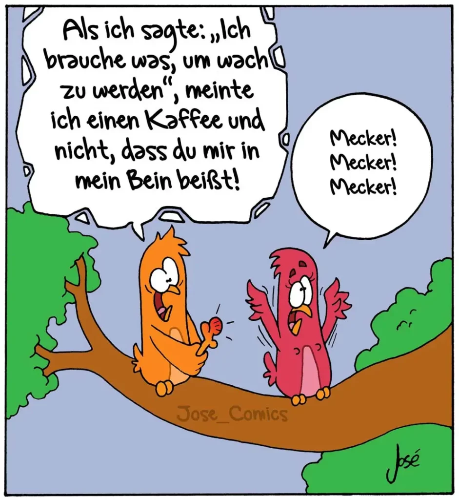 Zwei bunte Vögel auf einem Ast: Der orange Vogel spricht, der rote Vogel ruft wiederholt 'Mecker! Mecker! Mecker!'
