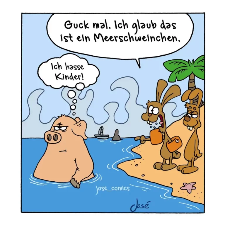 Schwein im Wasser denkt "Guck mal, ich glaub das ist ein Meerschweinchen", zwei Hasen am Strand antworten "Ich hasse Kinder!"