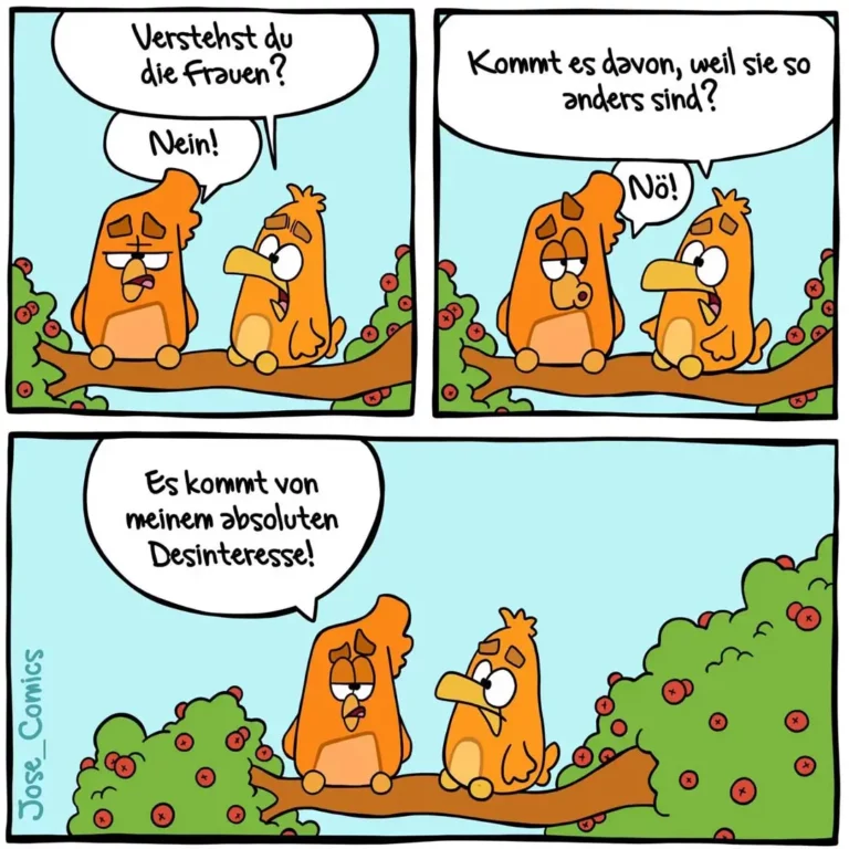 Zwei orange Vögel sitzen auf einem Ast zwischen Beerensträuchern. Der linke Vogel fragt ungeduldig, der rechte antwortet pikiert.