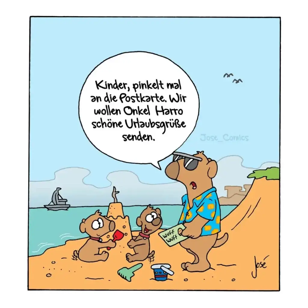 Hund mit Sonnenbrille und Hawaii-Hemd sitzt mit zwei Welpen am Strand, hält eine Postkarte in der Pfote