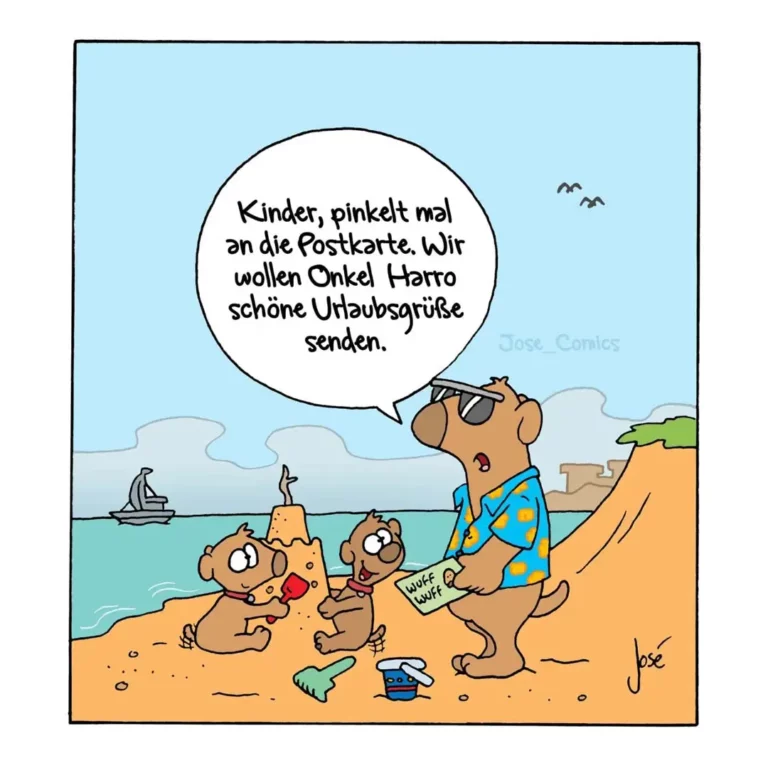 Hund mit Sonnenbrille und Hawaii-Hemd sitzt mit zwei Welpen am Strand, hält eine Postkarte in der Pfote