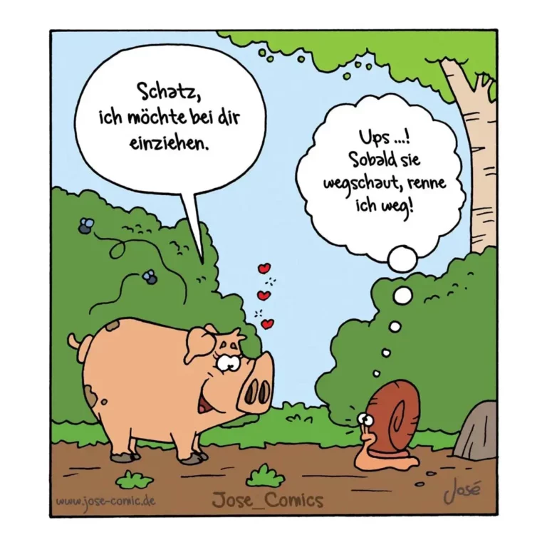Schwein möchte bei einer Schnecke einziehen, Schnecke rennt weg, kleine rote Herzen fliegen umher