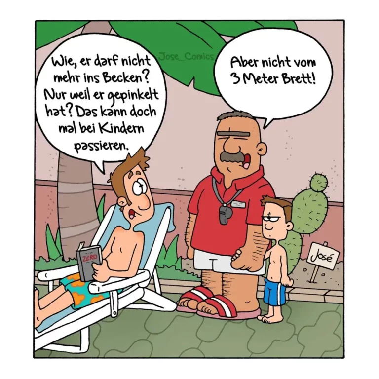 Mann im roten Shirt und Kind stehen neben sonnenbadender Person im Liegestuhl, Kind hält Schild mit 'José', Mann gestikuliert beim Sprechen