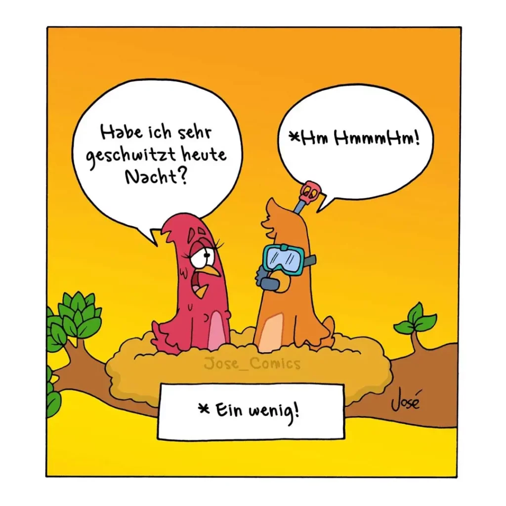 Zwei anthropomorphe Kakteen in der Wüste: einer rot und besorgt, einer orange mit Taucherbrille, der beruhigend antwortet