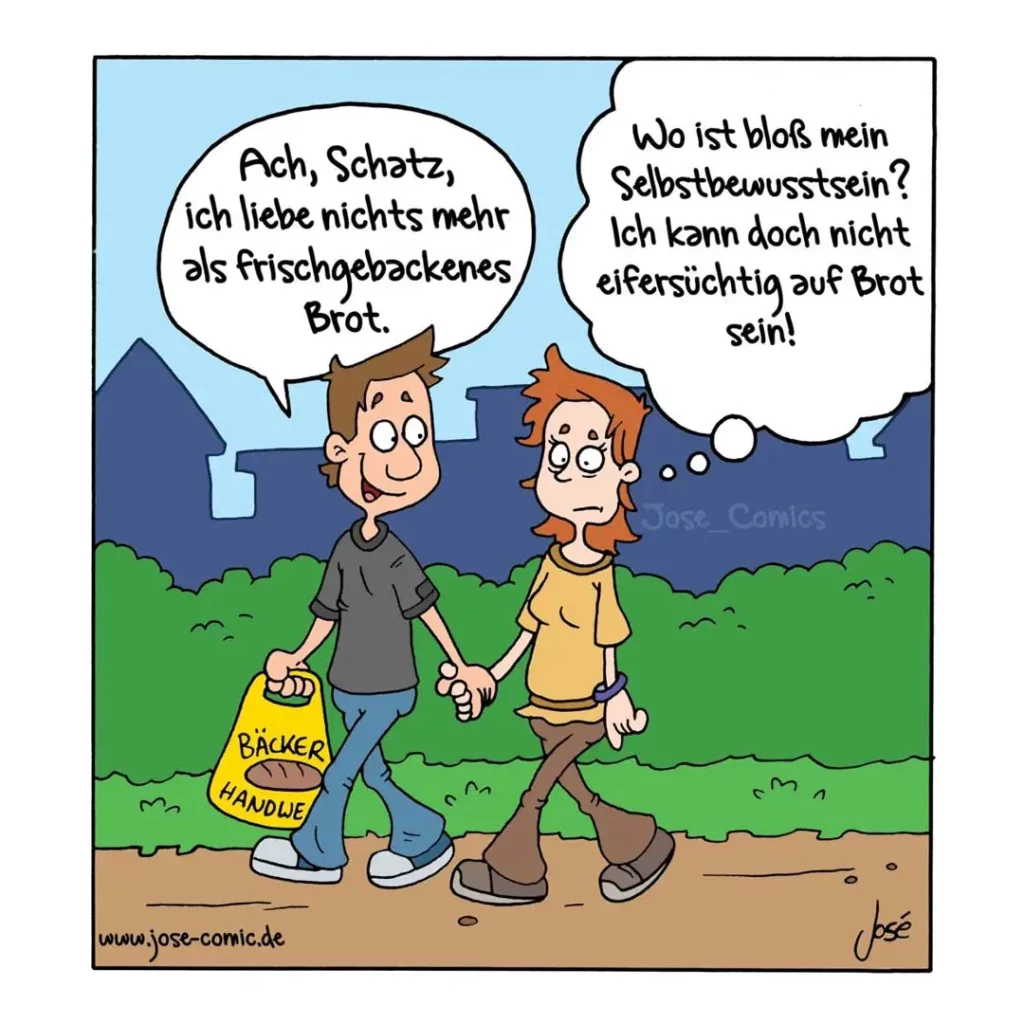 Mann mit Bäckertüte hält Frau an der Hand, die skeptisch schaut und spricht von Selbstbewusstsein