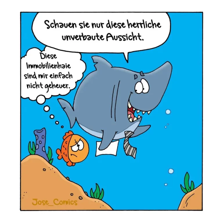 Hai mit grossem Maul zeigt auf kleinen Fisch und sagt etwas, Fisch antwortet mit besorgtem Blick