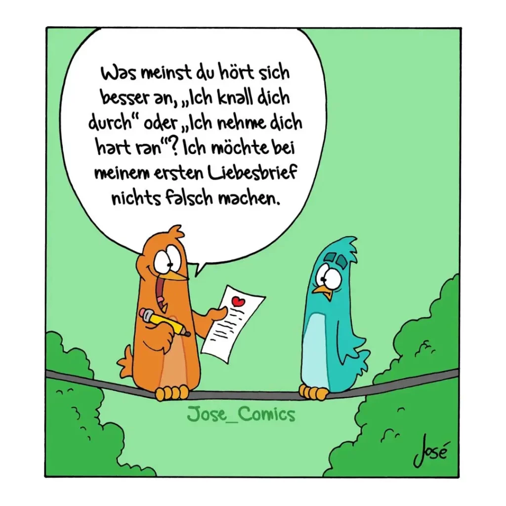 Orangener Vogel hält einen Liebesbrief und spricht zu blauem Vogel auf einem Draht, umgeben von grünen Büschen