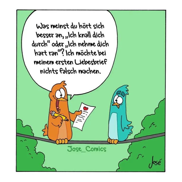 Orangener Vogel hält einen Liebesbrief und spricht zu blauem Vogel auf einem Draht, umgeben von grünen Büschen