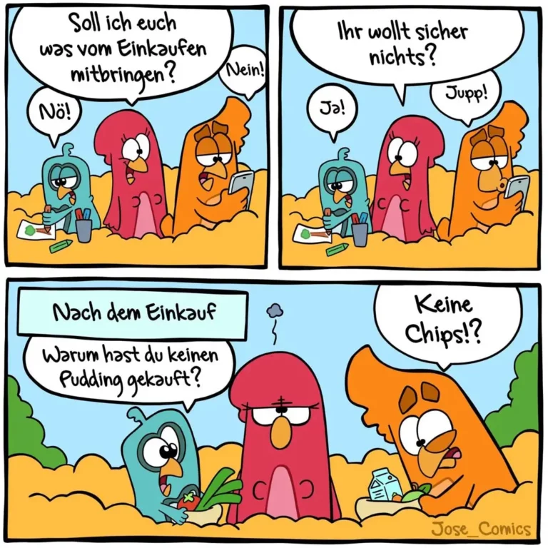 Drei bunte Vogelfiguren am Strand: Einer fragt nach Einkauf, die anderen lehnen ab, dann beschweren sie sich über fehlende Chips und Pudding