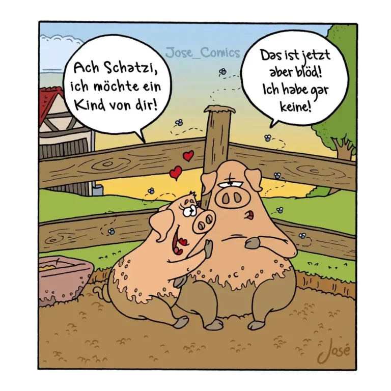 Dicker Hund mit Herzen auf dem Bauch sitzt im Schlamm, spricht mit Halter: «Ach Schatzi, ich möchte ein Kind von dir!» – Halter antwortet: «Das ist jetzt aber blöd! Ich habe gar keine!»
