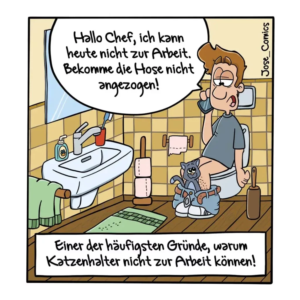 Mann sitzt auf Toilette und telefoniert, kleine Katze sitzt zwischen seinen Beinen, Badezimmer mit Waschbecken im Hintergrund