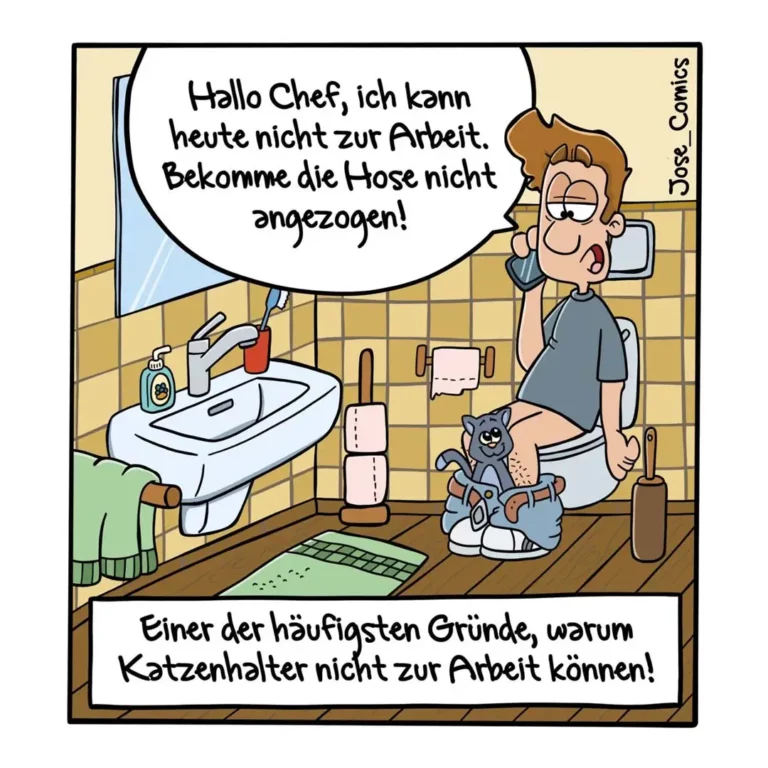 Mann sitzt auf Toilette und telefoniert, kleine Katze sitzt zwischen seinen Beinen, Badezimmer mit Waschbecken im Hintergrund