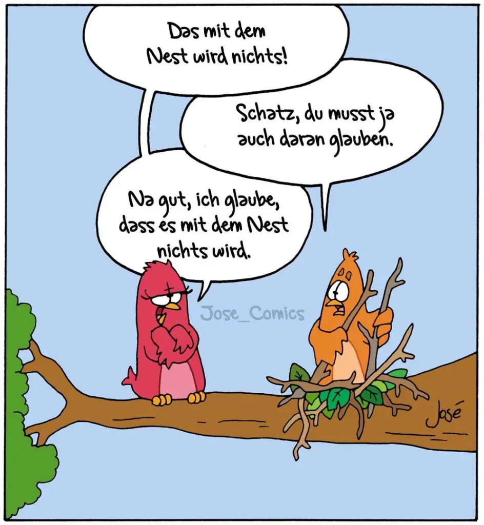 Roter Vogel auf Ast schaut ernst, oranger Vogel im Nest wirkt verunsichert. Beide unterhalten sich.