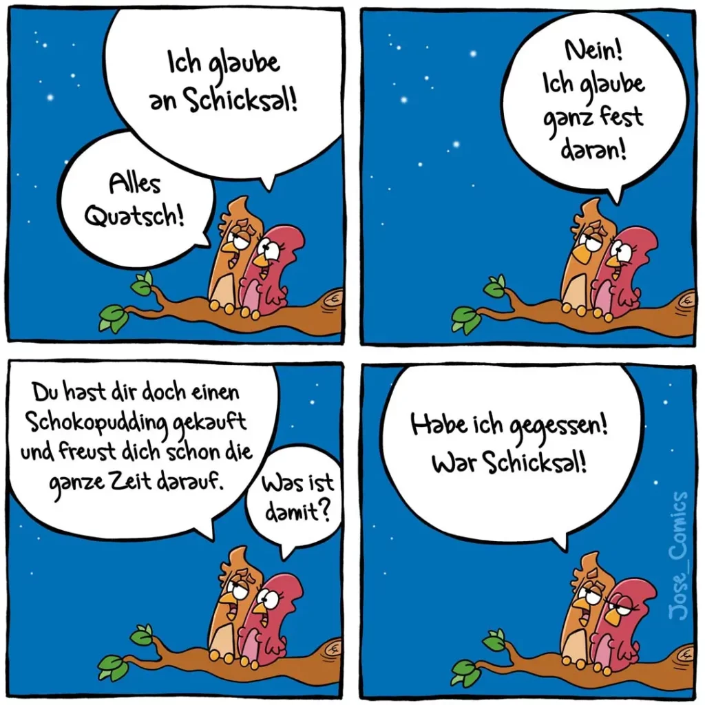 Zwei anthropomorphe Würste unter Wasser: eine orange behauptet zu glauben, die andere in pink widerspricht energisch